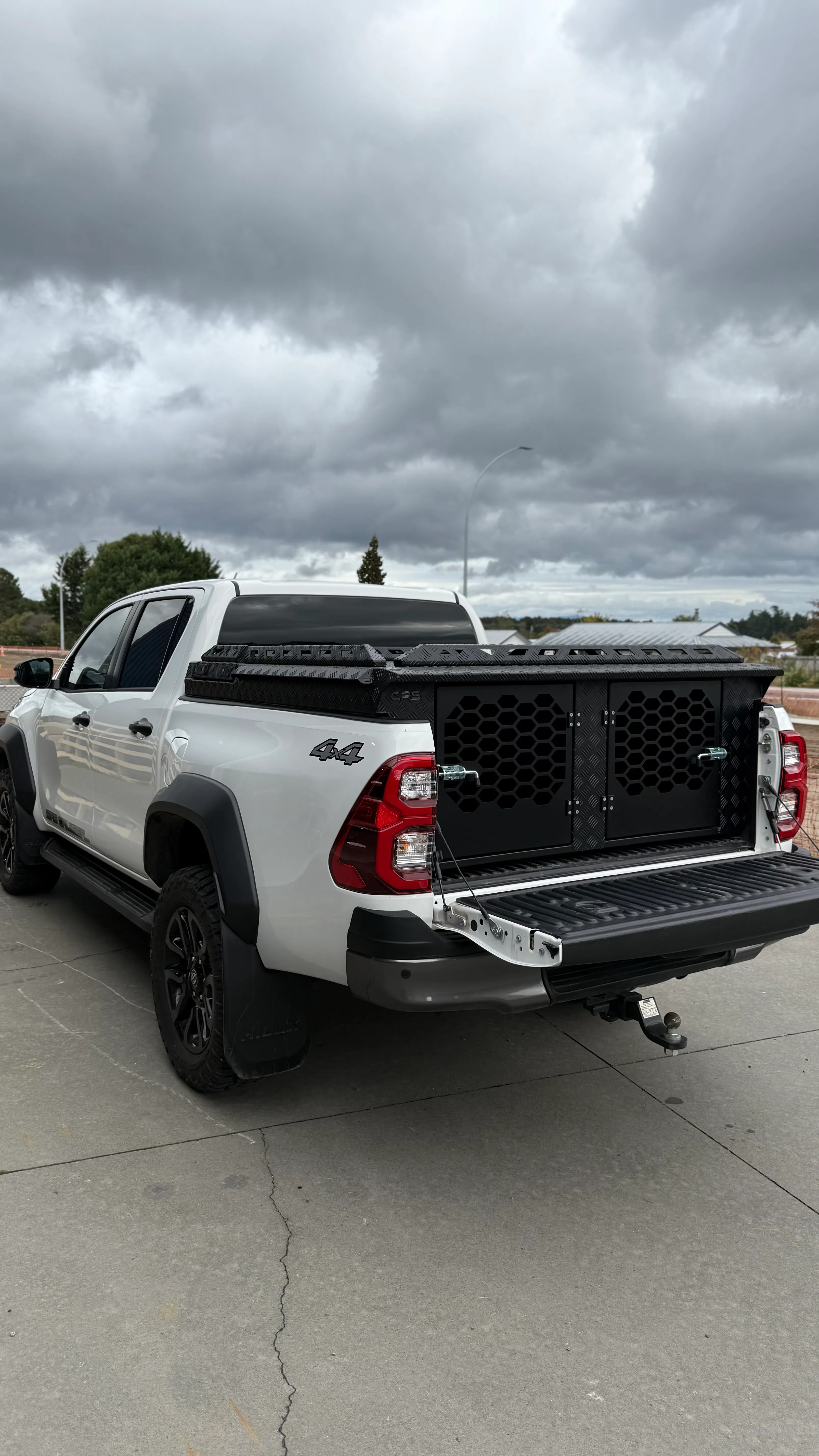 Custom black dog box installed on a white ute